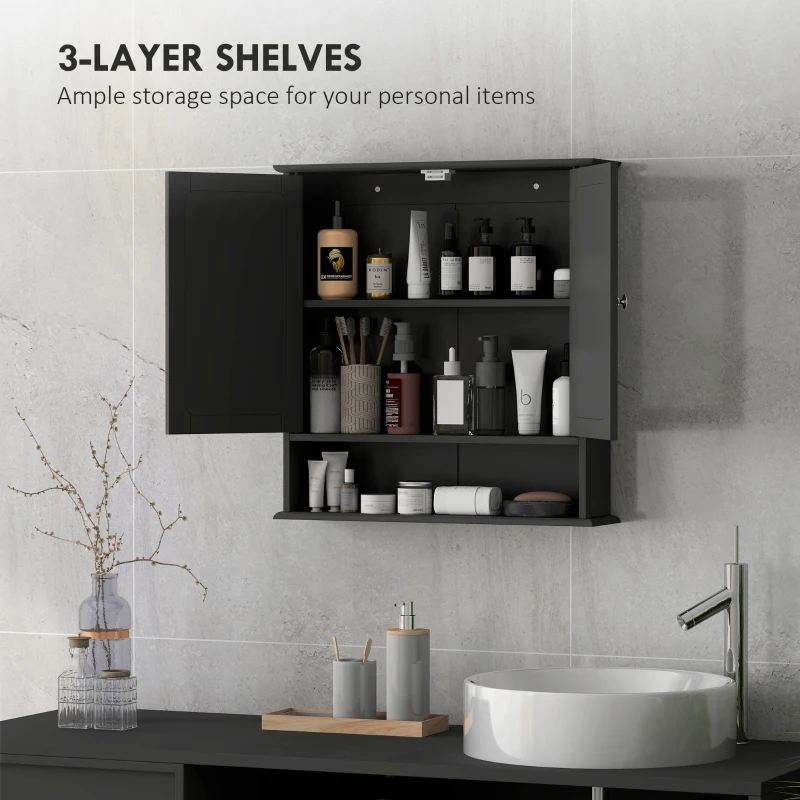 kleankin Medicine Cabinet, Wall-Mounted Bathroom Mirror Cabinet with Double Doors, Open Shelf, and Adjustable Shelf, Modern Bathroom Wall Cabinet, Black