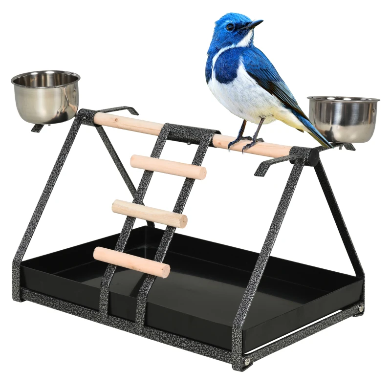 PawHut Portable Bird Play Perch Stand with Wooden Perch, Stainless Steel Feeding Bowls, & an Easy-Clean Tray, Black