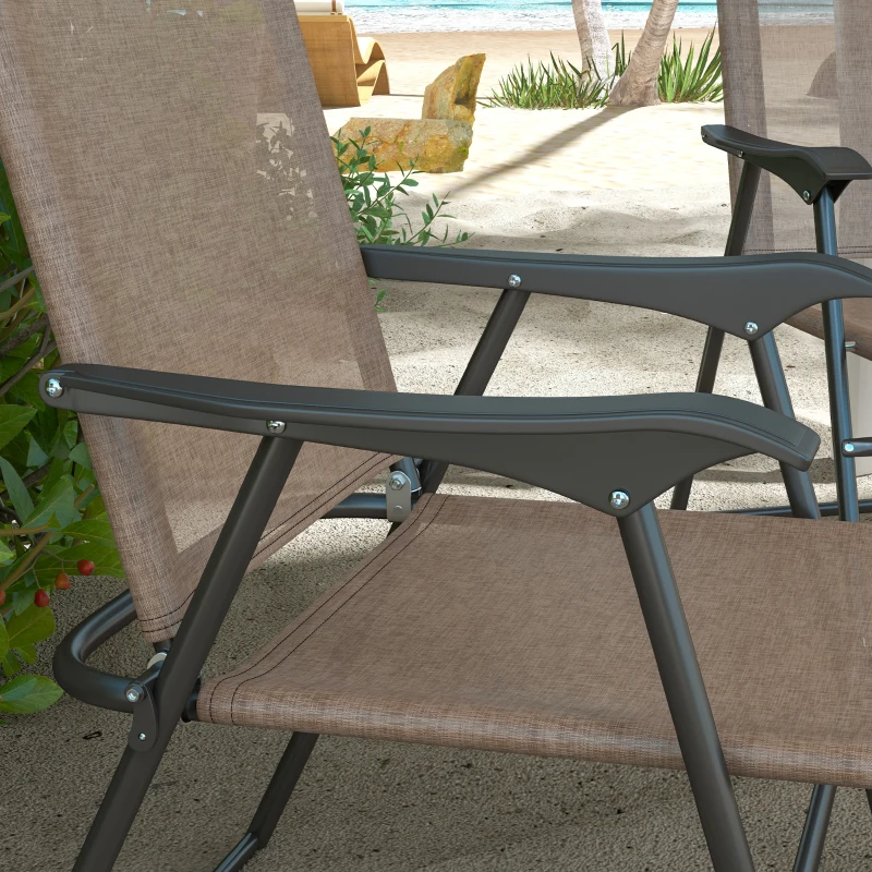 Outsunny 4 Piece Folding Patio Camping Chair Set, Sports Chairs for Adults with Armrests, Mesh Fabric Seat for Lawn, Brown