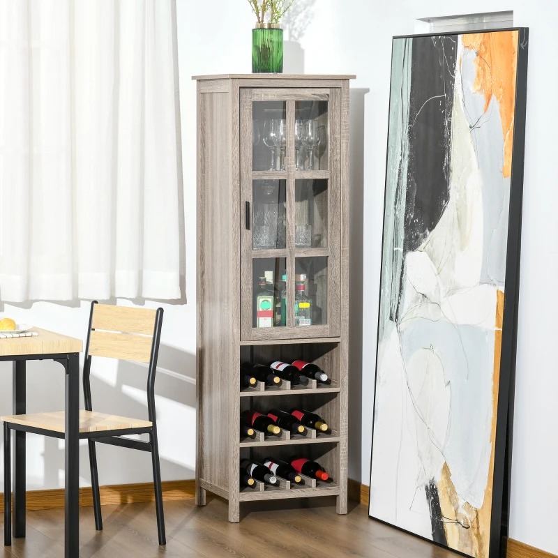 HOMCOM Tall Wine Cabinet, Bar Display Cupboard with 12-Bottle Wine Rack, Glass Door and 3 Storage Compartment for Living Room, Home Bar, Dining Room, Grey Oak