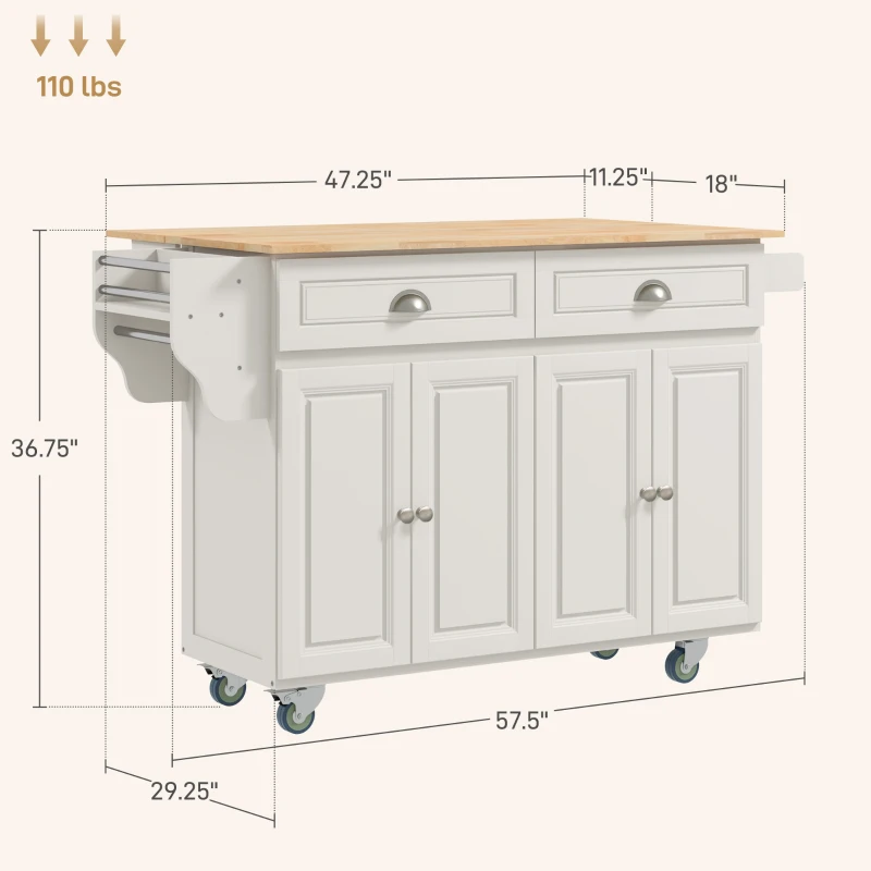 HOMCOM Rolling Kitchen Island Cart with Drop Leaf, Kitchen Cart on Wheels with Wood Top, 2 Drawers and 2 Storage Cabinets, Island Table for Kitchen, Dining Room, Cream White