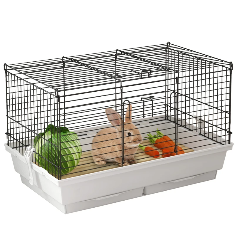 PawHut Rabbit Guinea Pig Cage, Bunny Cage Pet Pen with Sliding-Out Trays, Bottom Wood Board, Doors, 24" x 15" x 16"