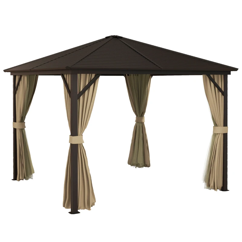 Outsunny 10' x 10' Hardtop Gazebo Canopy, Permanent Pavilion with Hook, Curtains, Aluminum Frame for Patio, Garden, Brown