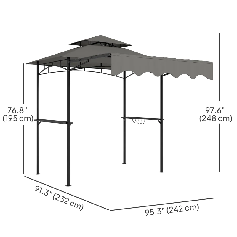 Outsunny 8' x 5' Grill Gazebo, Double Tiered Barbecue Grill Gazebo Shelter with Side Awning, 2 Side Shelves, 6 Hooks, Light Grey