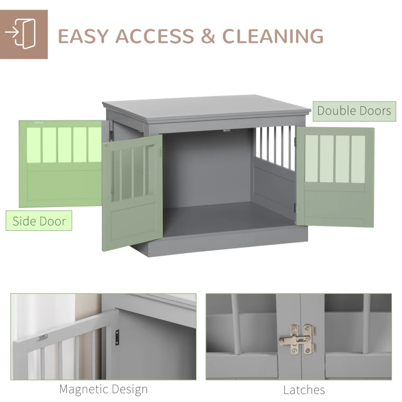 PawHut Wooden Dog Crate End Table, Dog Crate Furniture with Triple Doors, Puppy Crate for Small Dogs Indoor Use, Dark Gray