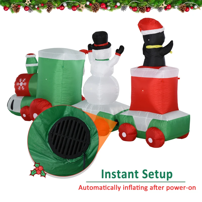 HOMCOM 11ft Christmas Inflatables Outdoor Decorations Holiday Train with Santa, Snowman and Penguin, Blow-Up Yard Christmas Decor with LED Lights Display