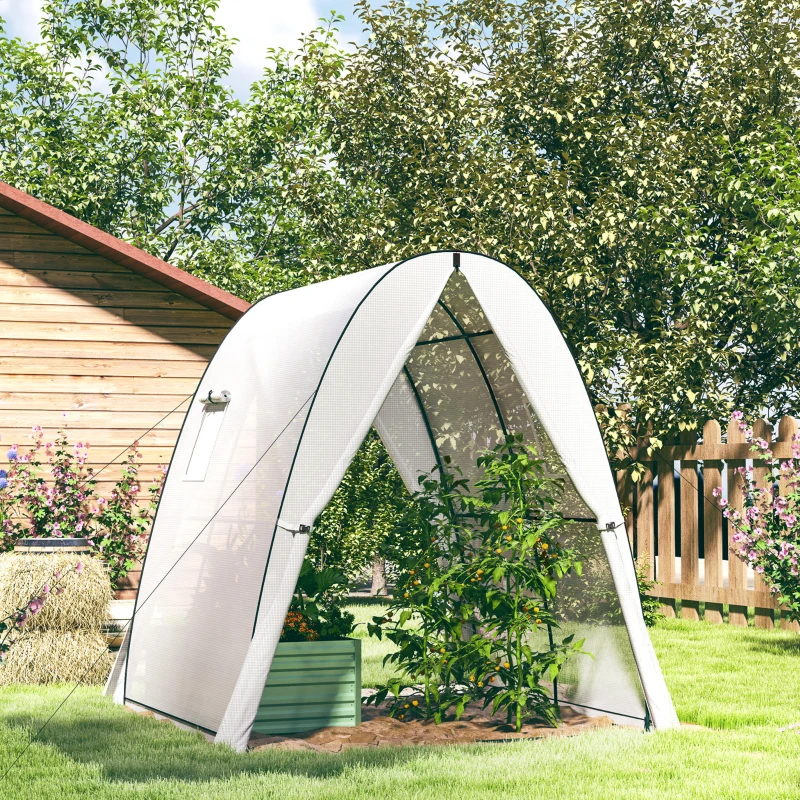 Outsunny Tunnel Hoop House Greenhouse with Sandbags and Hemmed PE Cover, 2 Doors and Screen Windows, 6' x 6' x 6.6', White