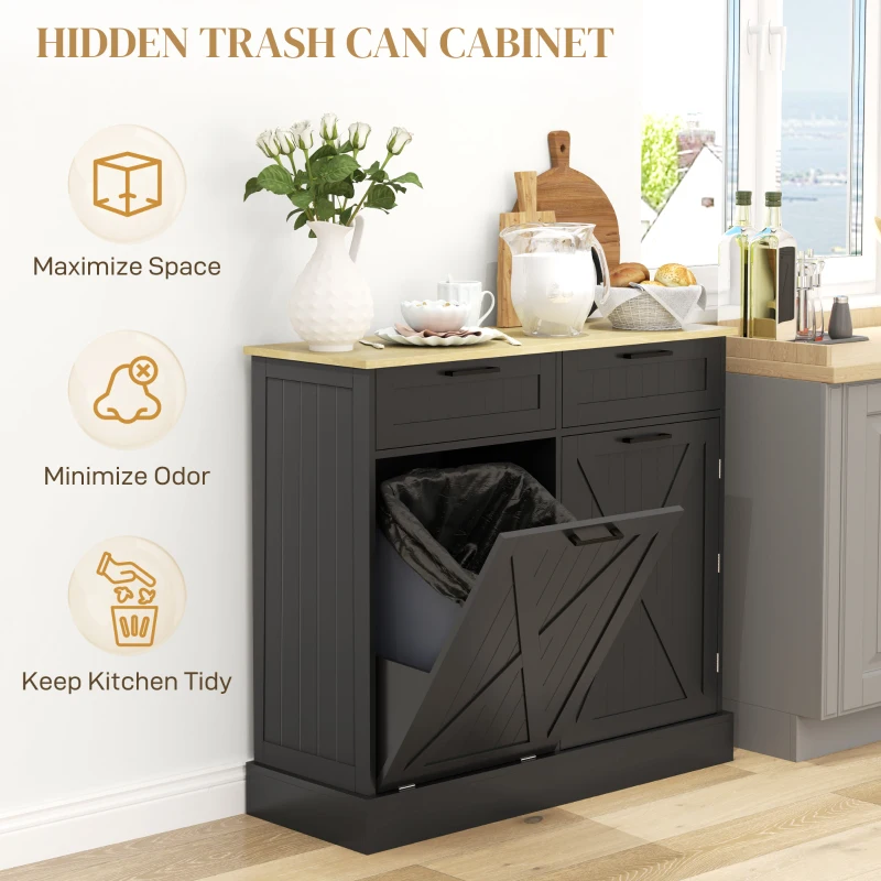 HOMCOM 10 Gallon Farmhouse Kitchen Cabinet with Hidden Trash Can and 2 Drawers, Tilt Out Trash Can Cabinet for Kitchen, Black