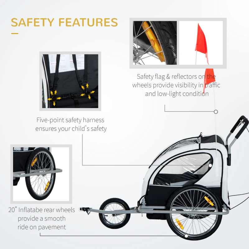 Aosom Elite Three-Wheel Bike Trailer for Kids Bicycle Cart for Two Children with 2 Security Harnesses & Storage, White(m-5)