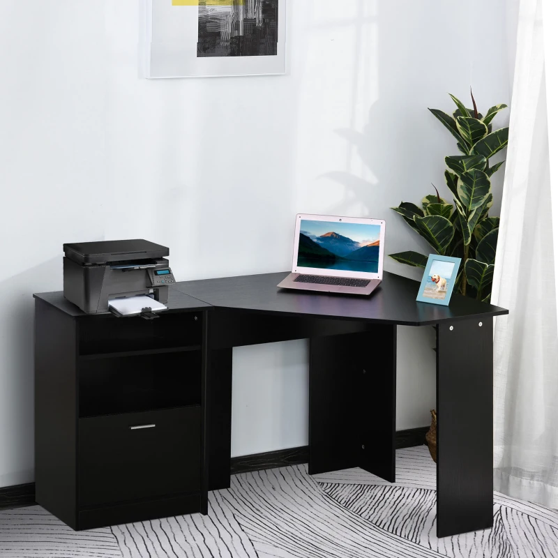 HOMCOM Computer Desk with Printer Cabinet, L-Shaped Corner Desk with Storage, Study PC Workstation for Home Office, Black
