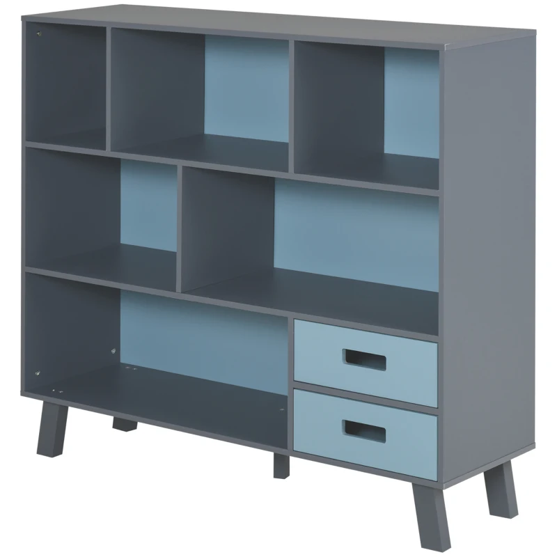 HOMCOM 3-Tier Child Bookcase Open Shelves Cabinet Floor Standing Cube Storage Organizer with Drawers - Dark Blue