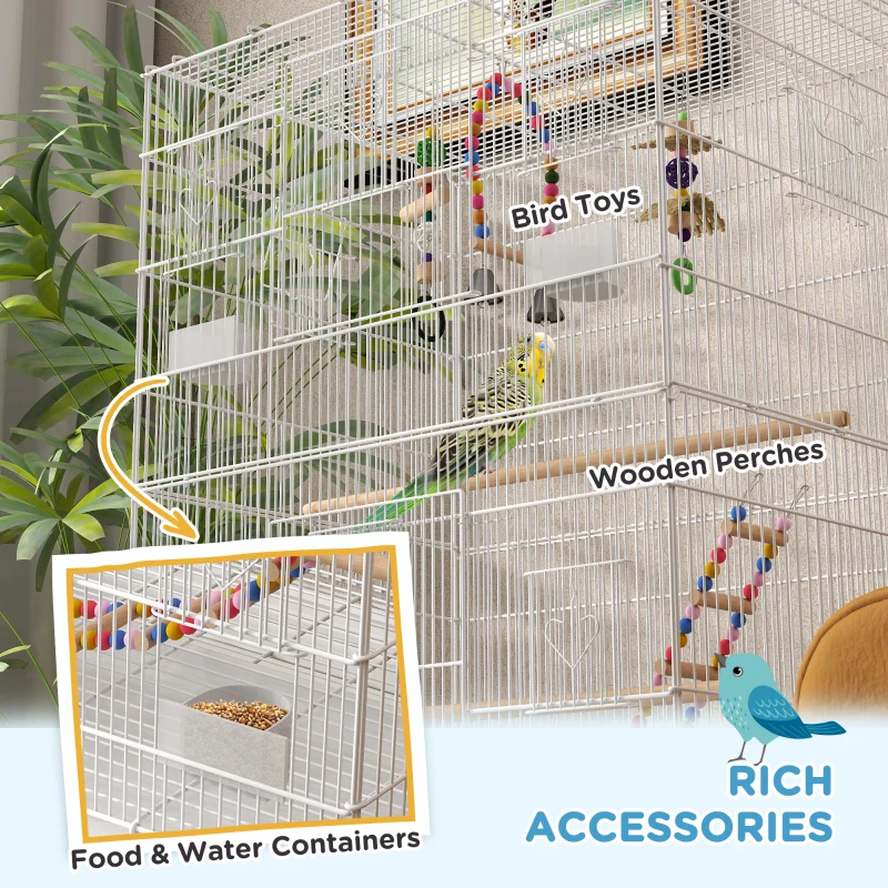 PawHut 43" Bird Cage with Rolling Stand, Toys, for Budgies Canaries White