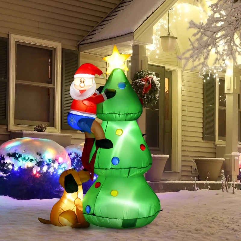 HOMCOM Inflatable Christmas Tree Decorations with Santa Claus annd Puppy Dog with LED,  Outdoors Christmas Decor for Yard, Lawn