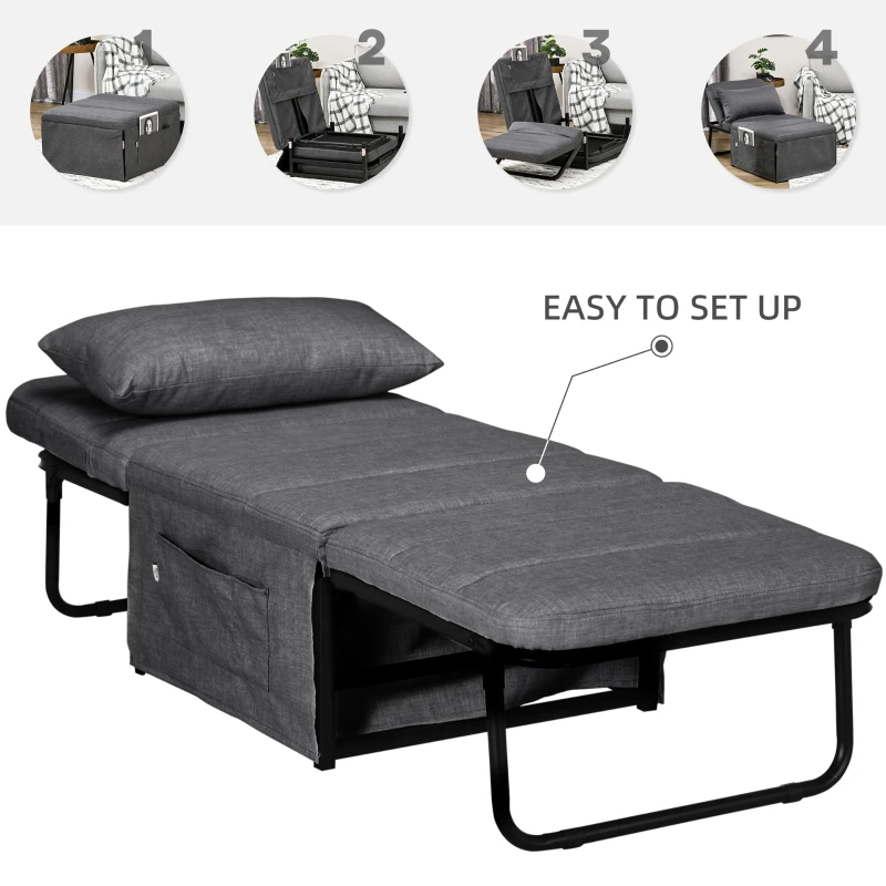 HOMCOM Folding Sofa Bed, 4-in-1 Multi-Function Sleeper Chair Bed Ottoman with Adjustable Backrest, Pillow, Side Pocket for Home Office, Bedroom, Living Room, Charcoal Gray