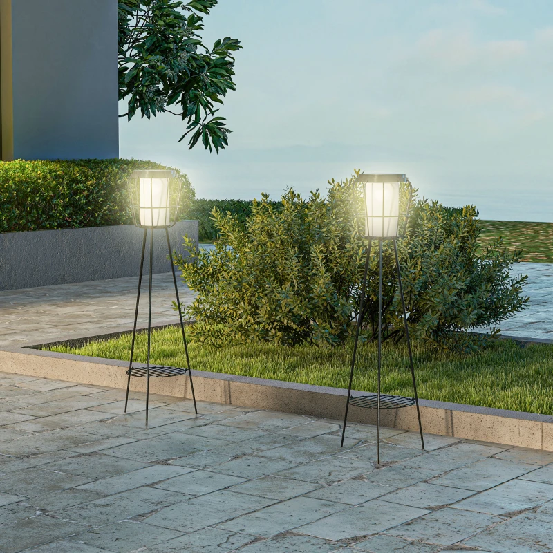 Outsunny Set of 2 Solar or USB Rechargeable Lamp Set LED Accent Lantern Light with Bottom Shelf for Garden Porch Lawn