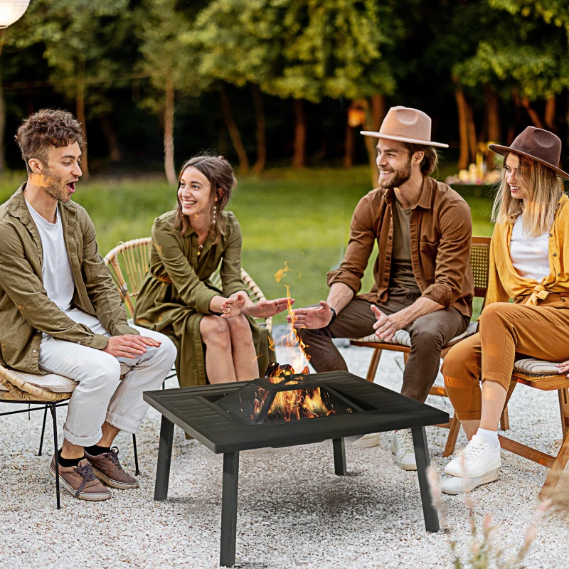 Outsunny 34" Fire Pit with Grill, Metal Outdoor Wood Burning Firepit with Spark Screen, Fire Poker, Cover, Table Lip, Black