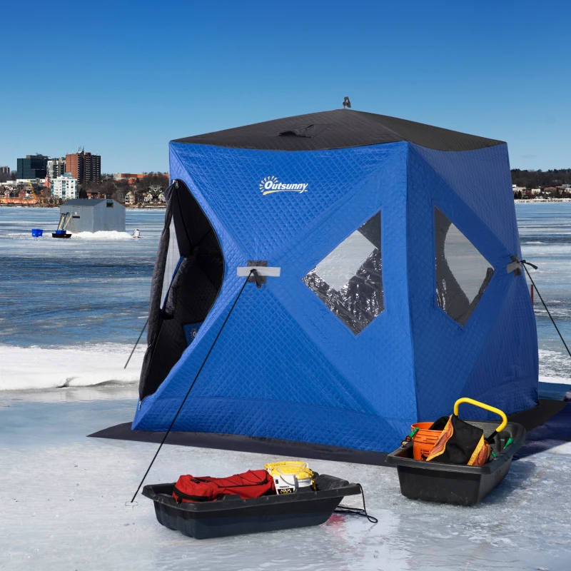 Outsunny 2 Person Insulated Ice Fishing Shelter Pop-Up Portable Ice Fishing Tent with Carry Bag and Anchors for Lowest Temps -22℉, Dark Blue