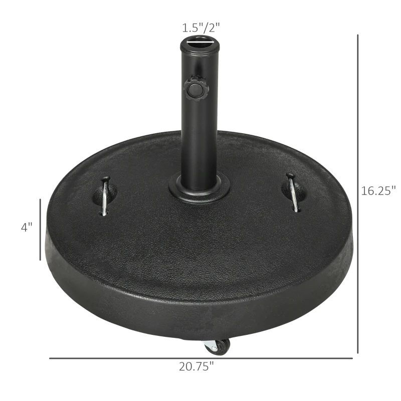 Outsunny 52lbs Resin Patio Umbrella Base with Wheels and Retractable Handles, 20.75" Round Outdoor Umbrella Stand Holder for Parasol Poles 1.5" - 1.9" Dia, Black