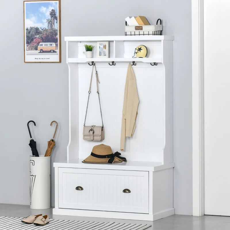 HOMCOM Entryway Bench with Coat Rack, 4 Double Hooks and 2 Compartments, Hall Tree with Bench and Shoe Storage for Hallway, Living Room, White