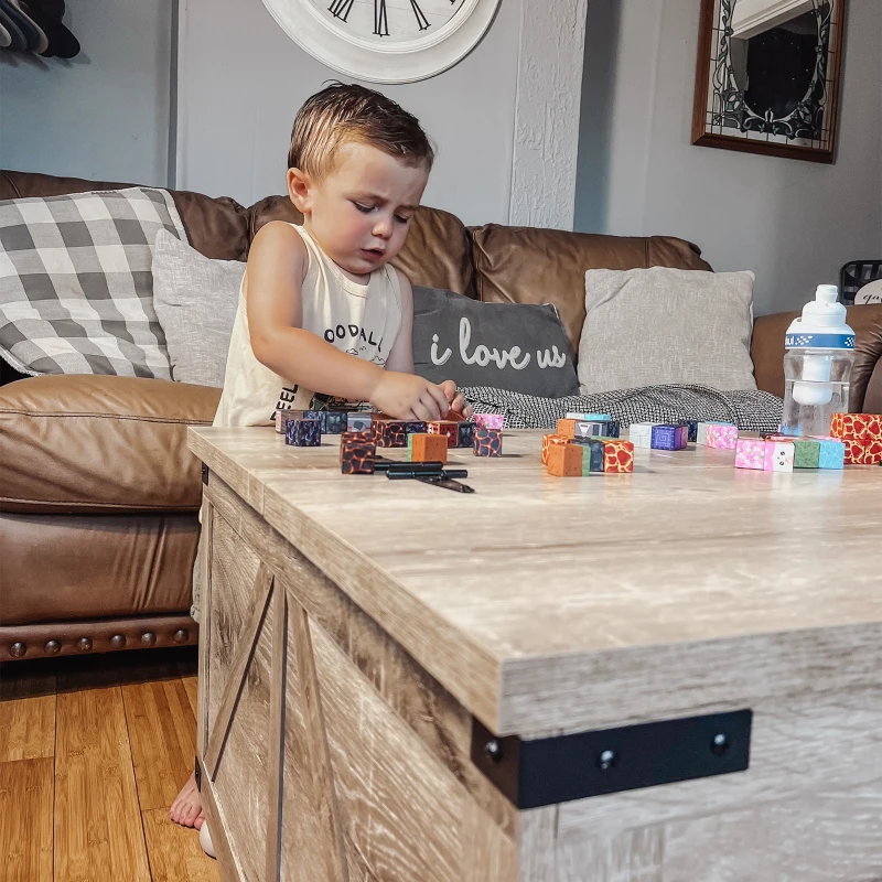 HOMCOM Farmhouse Coffee Table with Storage, Large Square Coffee Table for Living Room Furniture, Wooden Center Table