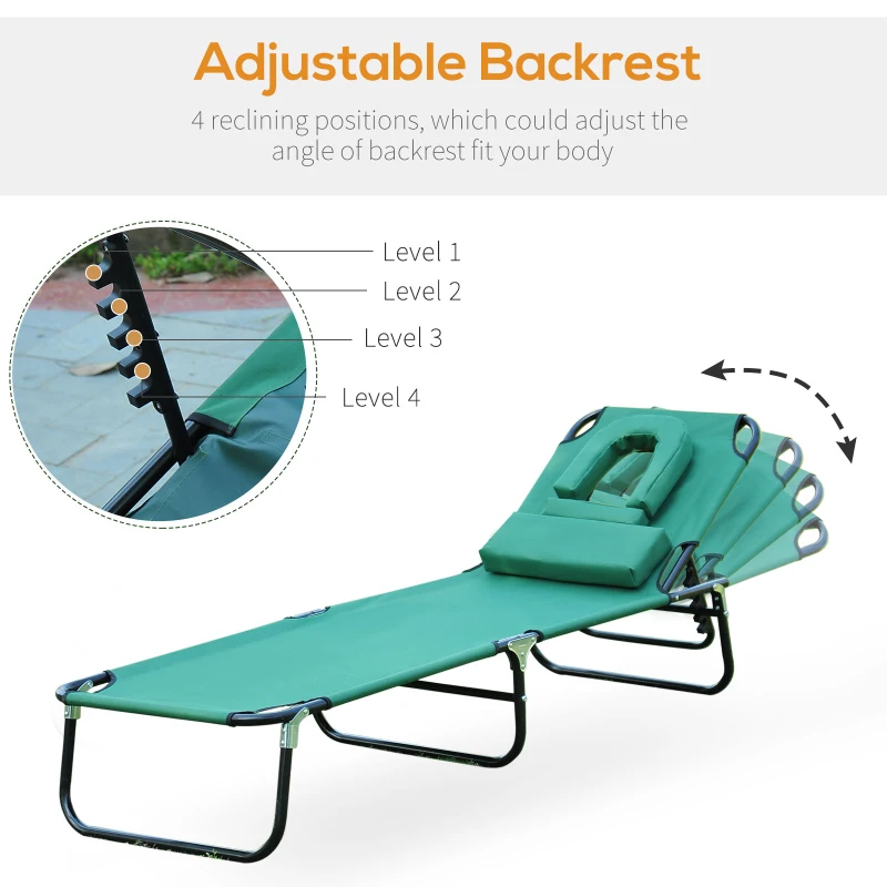 Outsunny Folding Outdoor Lounge Chair, Portable Reclining Beach Lounger with Face Hole, Detachable Pillow, 3-Position Adjustable Backrest, For Patio, Garden, Poolside, Green
