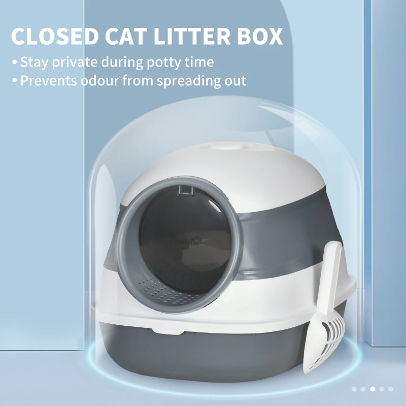 PawHut Foldable Large Cat Litter Box with Lid, Covered Kitten Litter Box w/ Automatic Cat Litter-Proof Sides, Deodorization, Easy to Clean, White and Grey