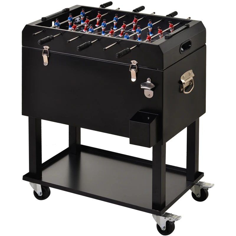 Outsunny 68QT Patio Cooler Ice Chest with Foosball Table Top, Portable Poolside Party Bar Cold Drink Rolling Cart on Wheels with Tray Shelf