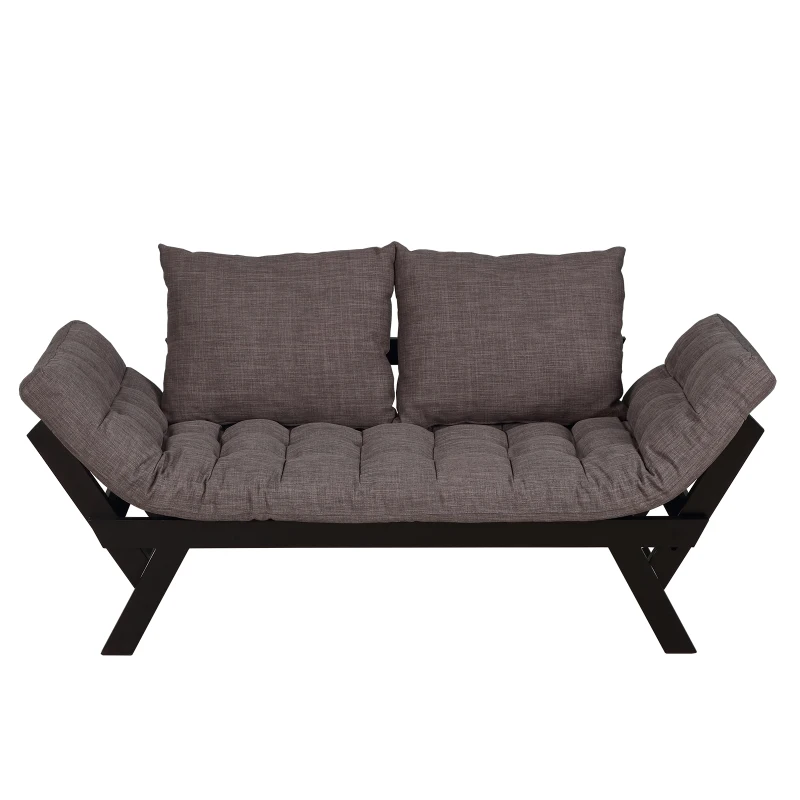 HOMCOM Convertible Sofa Bed Futon Loveseat Living Room with Pillow, Adjustable 3-Position Sofa Bed Soild Wood Frame, Dark Grey