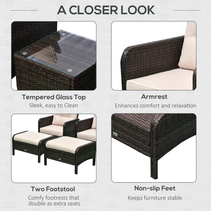 Outsunny 5 Pieces Rattan Wicker Lounge Chair Outdoor Patio Conversation Set with 2 Cushioned Chairs, 2 Ottomans and Tempered Glass Top Coffee Table, Brown/Beige