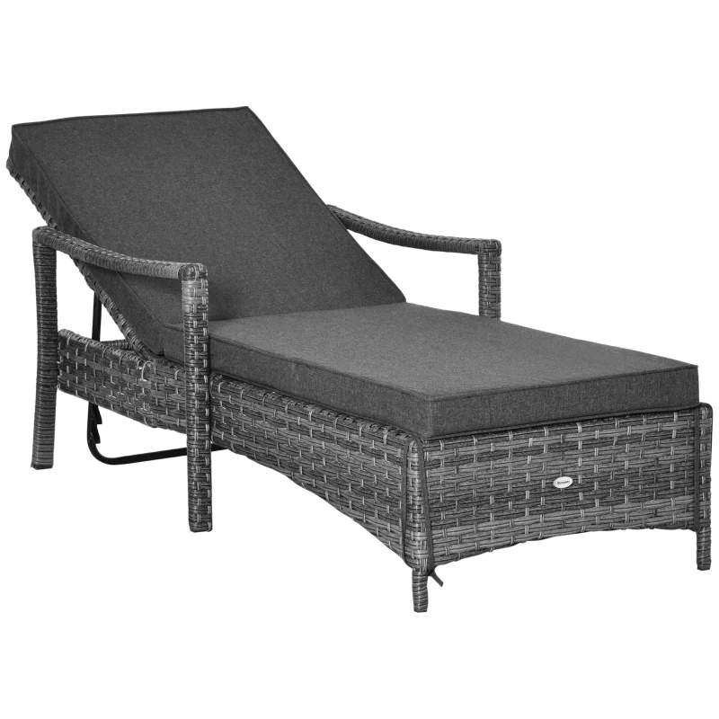 Outsunny Wicker Chaise Lounge, 4 Position Adjustable Backrest and Cushions Outdoor Lounge Chair PE Rattan Sun Lounger for Poolside, Balcony or Garden, Dark Grey