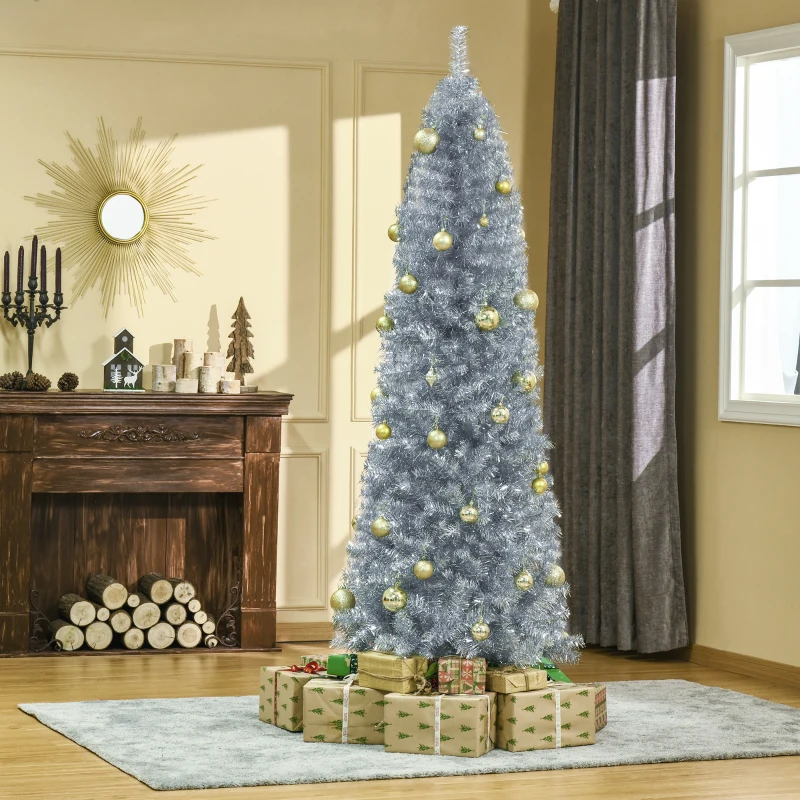 HOMCOM 7' Tall Unlit Slim Douglas Fir Artificial Christmas Tree with Realistic Branches, and 818 Tips, Silver