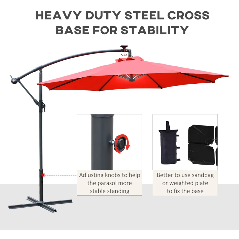 Outsunny 10ft Cantilever Solar Hanging Offset Umbrella Outdoor LED Lights Aluminum Market Banana Parasol Crank w/ Cross Base Garden Sun Shelter Red