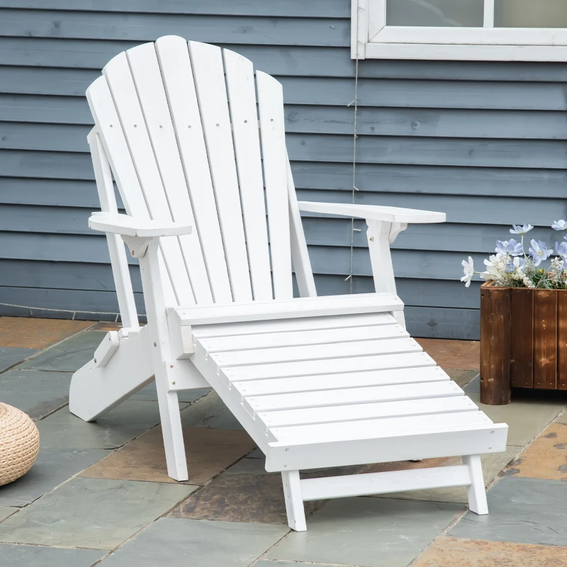 Outsunny Folding Adirondack Chair with Pull Out Ottoman, Outdoor Fir Wood Fire Pit Chair with Footrest, Porch Fanback Lounge for Patio, Poolside Lawn Garden, White