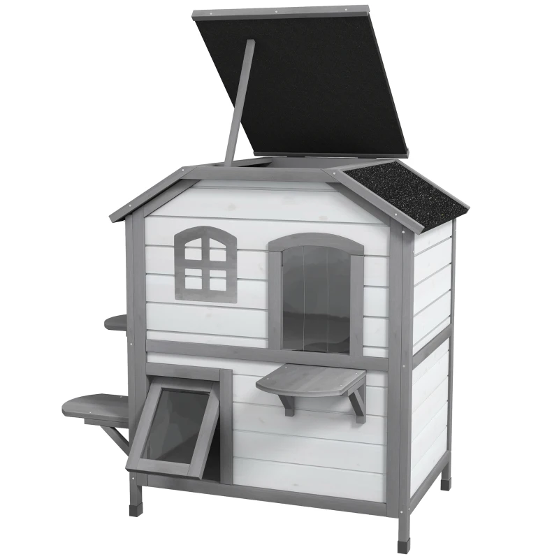 PawHut 2-story Cat House Outdoor, Weatherproof Wooden Cat Enclosure for Feral Cats with Escape Door, Openable Roof, Jumping Platforms, White