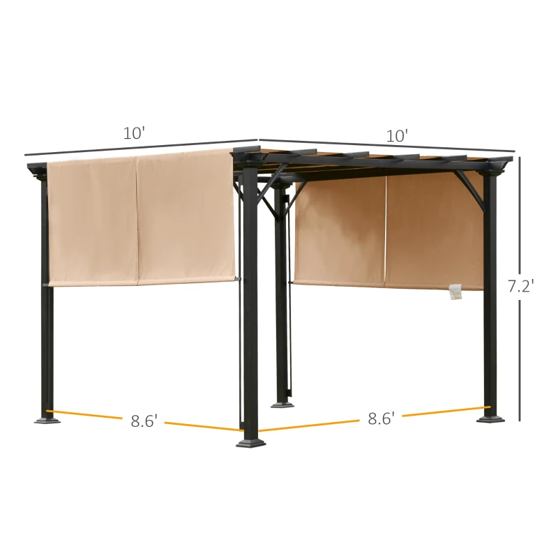 Outsunny 10' x 10' Retractable Pergola Canopy, Outdoor Gazebo with Sun Shade Canopy and Steel Frame, for Backyard, Garden, Patio, Deck, Brown