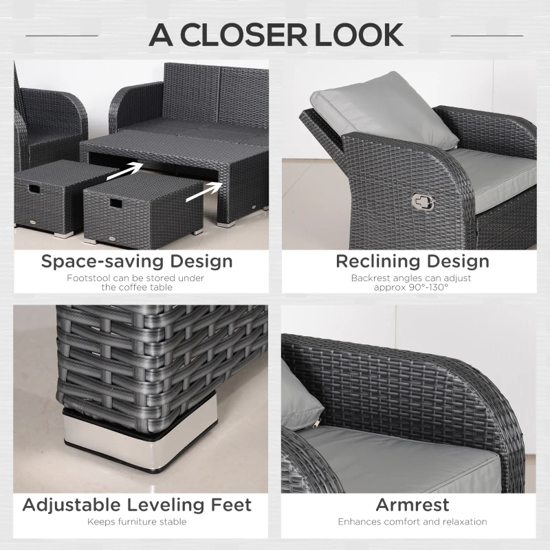 Outsunny 6-Piece Outdoor Rattan Patio Sectional Sofa Set with 3-Seat Couch, 2 Recliners, 2 Ottoman Footrests, & Coffee Table Conversation Set, Light Gray