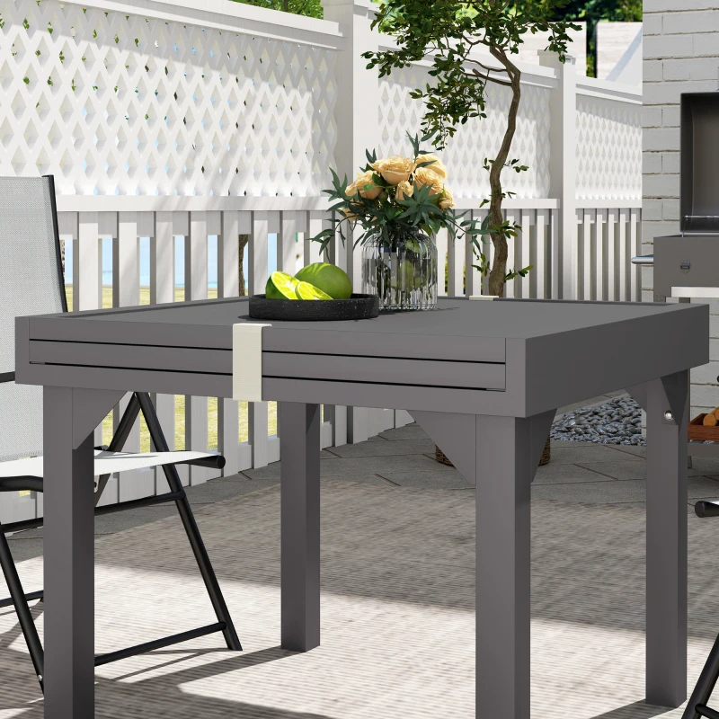 Outsunny 35"-71"  Extendable Aluminium Outdoor Dining Table, Slatted Top Patio Table for 4-6 Person, for Garden, Backyard, Grey