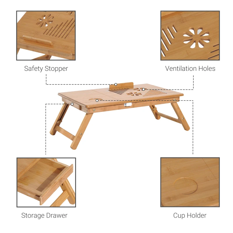HOMCOM Foldable Bamboo Wood Laptop Stand Notebook Desk Table with Drawer, Adjustable Cooling Bed and Legs