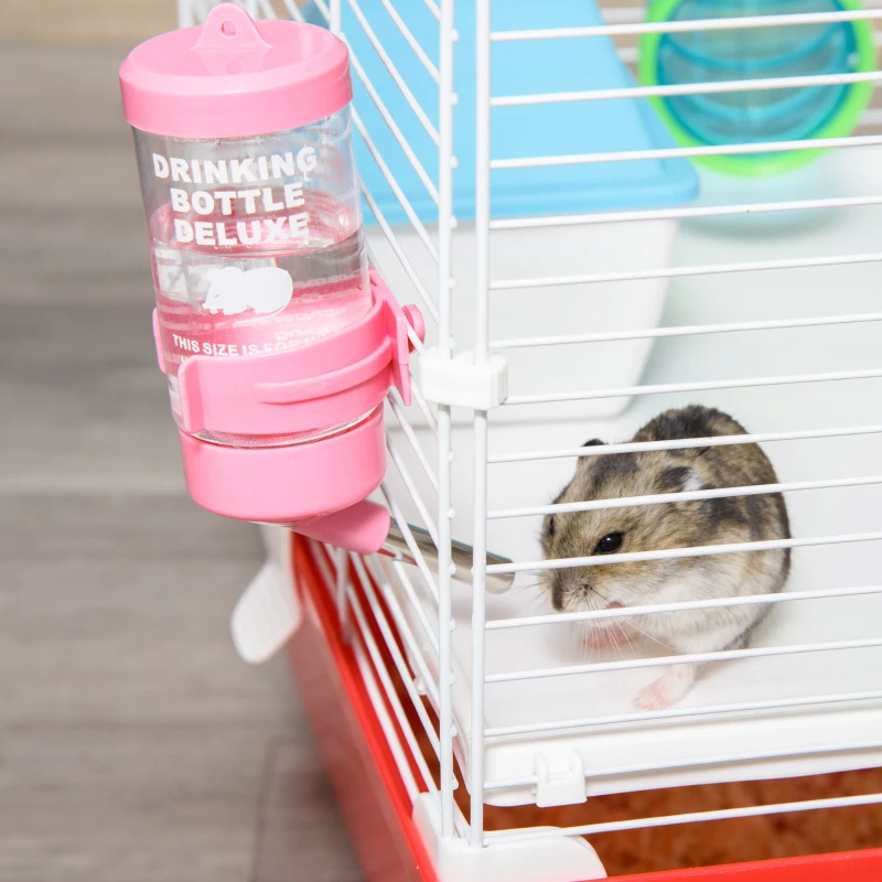 PawHut Large Hamster Cage with Tubes and Tunnels, 2-Level Steel Rat Cage, Small Animal House, Includes Exercise Wheel, Hut, Water Bottle, Food Dish, 23" x 14" x 14", Red