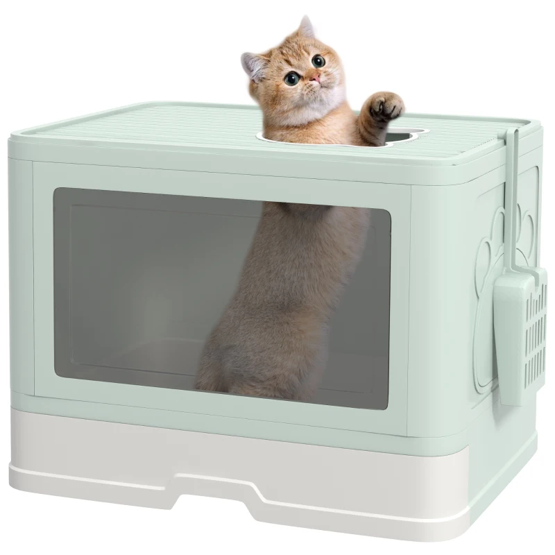 PawHut Cat Litter Box, Front Entry Top Exit Cat Litter Tray with Scoop, Pull-out Tray, Easy to Clean, Brush, Green