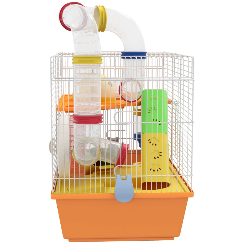 PawHut 3 Tiers Hamster Cage for Gerbil, Dwarf Hamster with Tunnels, Water Bottle, Exercise Wheel, 18" x 11" x 15" - Orange