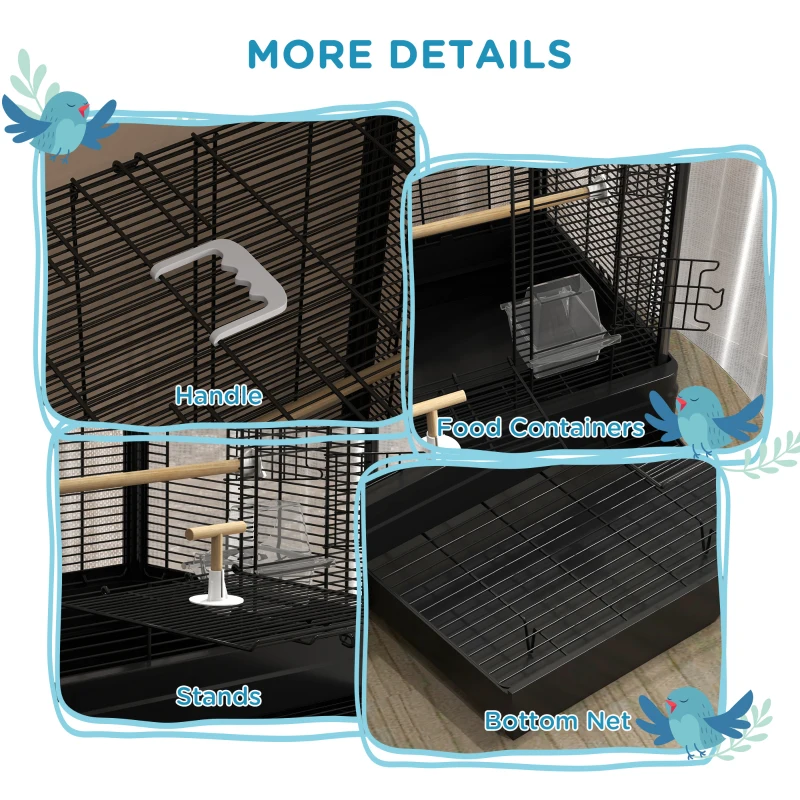 PawHut 22" Bird Cage for Budgie Finches Canaries Love Birds with Wooden Stands, Slide-Out Tray, Handles, Food Containers, Black