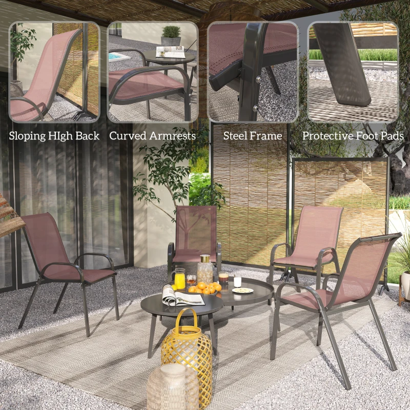 Outsunny Set of 4 Outdoor Dining Chairs, Stackable Patio Chairs with High Back, Breathable Mesh Seat for Garden Lawn, Brown