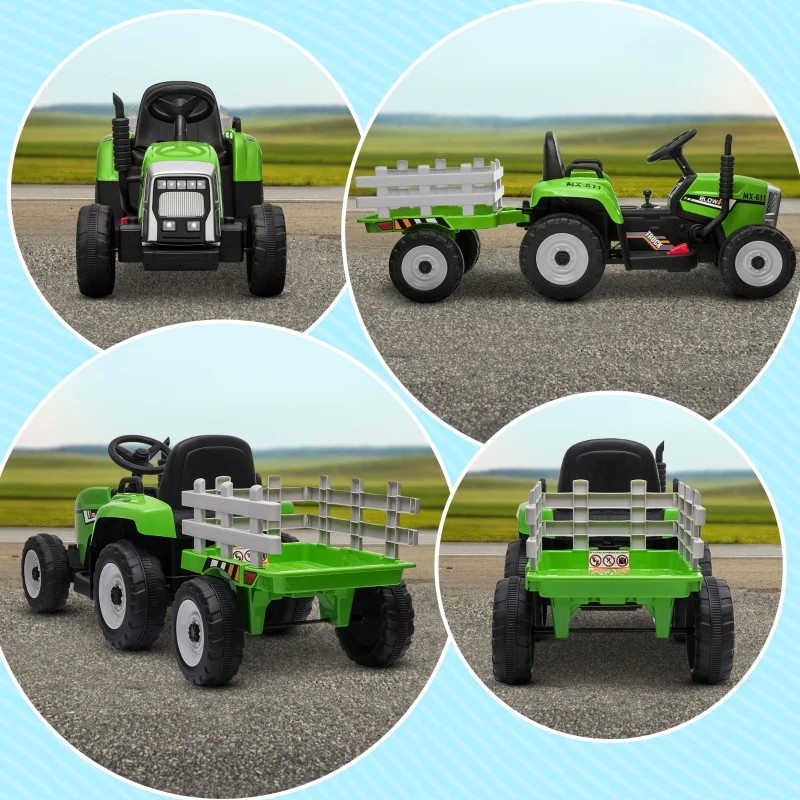 Aosom 12V Ride on Tractor with Trailer, 25W Dual Motors, Battery Powered Electric Tractor with Remote Control, Music Startup Sound and Horn, LED Lights, Green