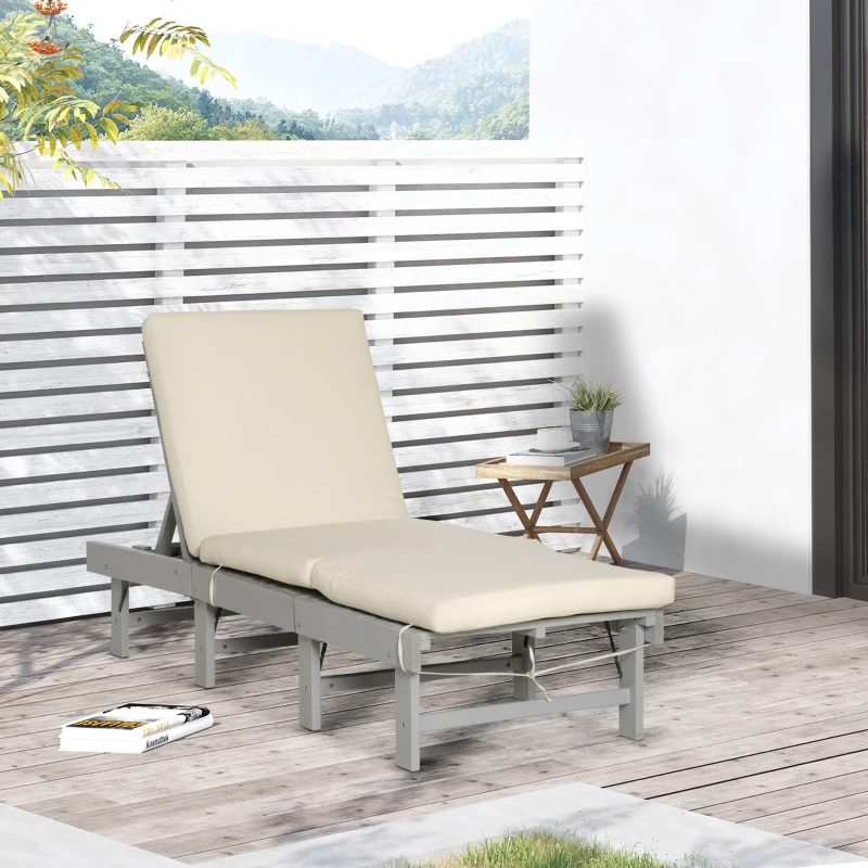 Outsunny Wooden Folding Chaise Lounge, Outdoor Chaise Lounge Chair, Garden Reclining Tanning Chair with 4 Adjustable Back Soft Cushions, Light Grey