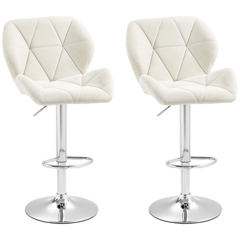 HOMCOM Bar Stool Set of 2 Fabric Adjustable Height Armless Upholstered Counter Chairs with Swivel Seat, Cream White