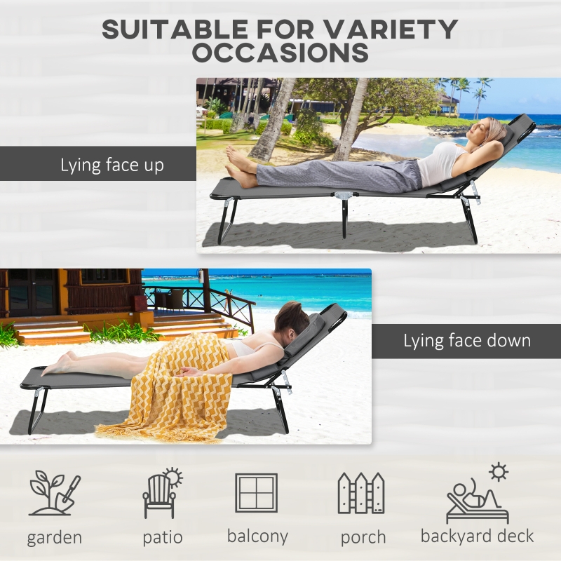 Outsunny 2PCS Adjustable Outdoor Lounge Chair, Garden Folding Chaise Lounge with Face Hole Reclining Tanning Chair Seat, Folding Camping Beach Lounging Bed w/ Head Support Grey