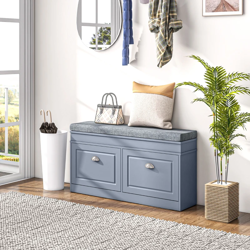 HOMCOM Modern Shoe Storage Bench, Entry Way Bench with Cushion, 2 Drawers, Storage Ottoman Bench, Holds 8 Pairs, Gray