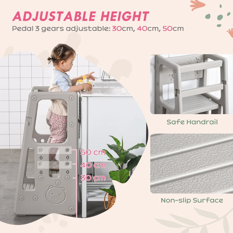 Qaba Toddler Tower with Adjustable Height, Toddler Kitchen Stool Helper with Anti-slip Mat, Step Stool for Kitchen, Bathroom, Gray