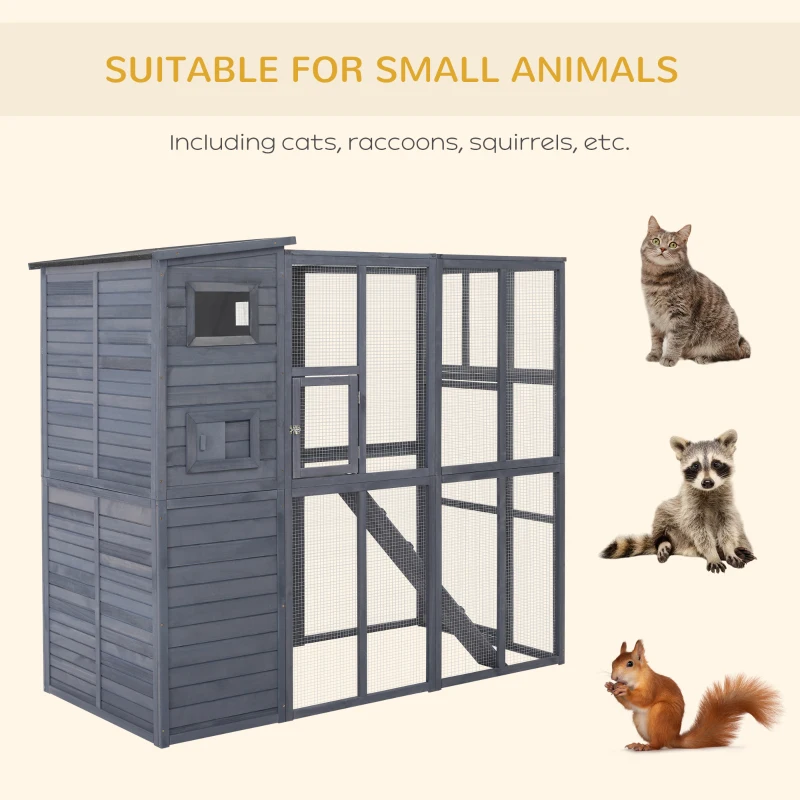 PawHut Wooden Outdoor Catio with Platforms, Asphalt Roof, Ramps, Gray
